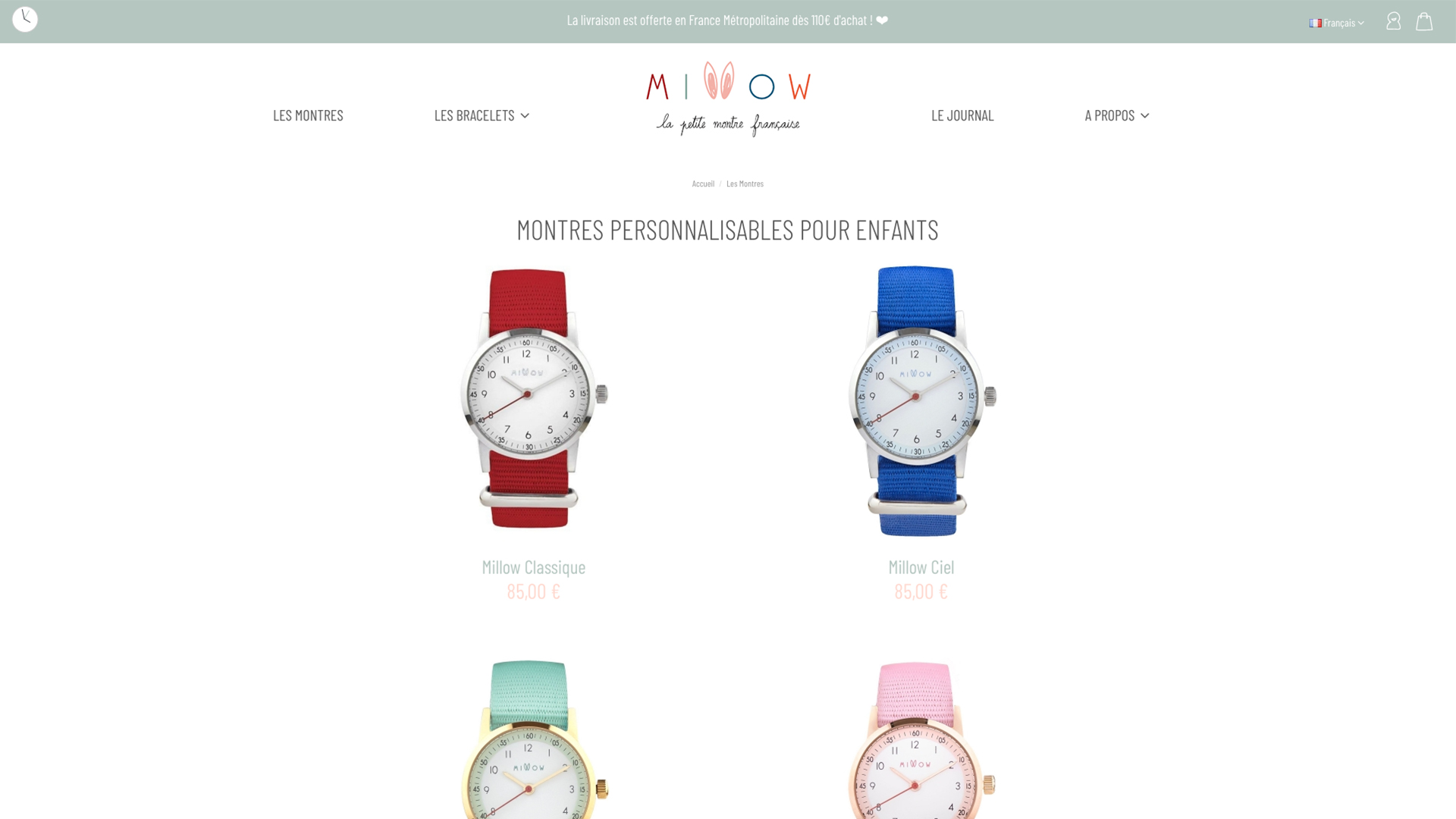 Page catégorie site e-commerce Millow Watch réalisé par ARIES